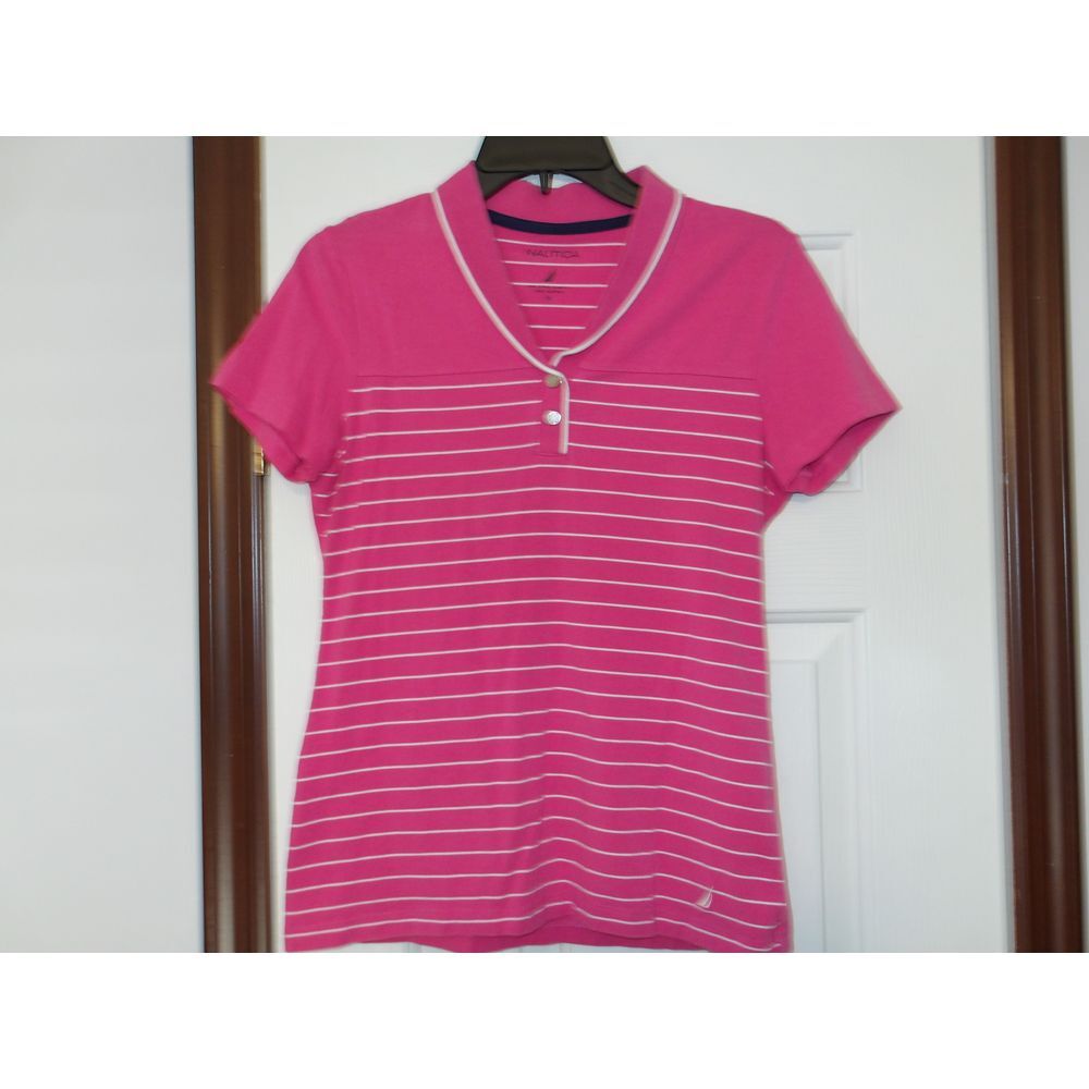 Nautica Pink Striped V-Neck Golf‎ Polo Shirt  Athletic Performance Top